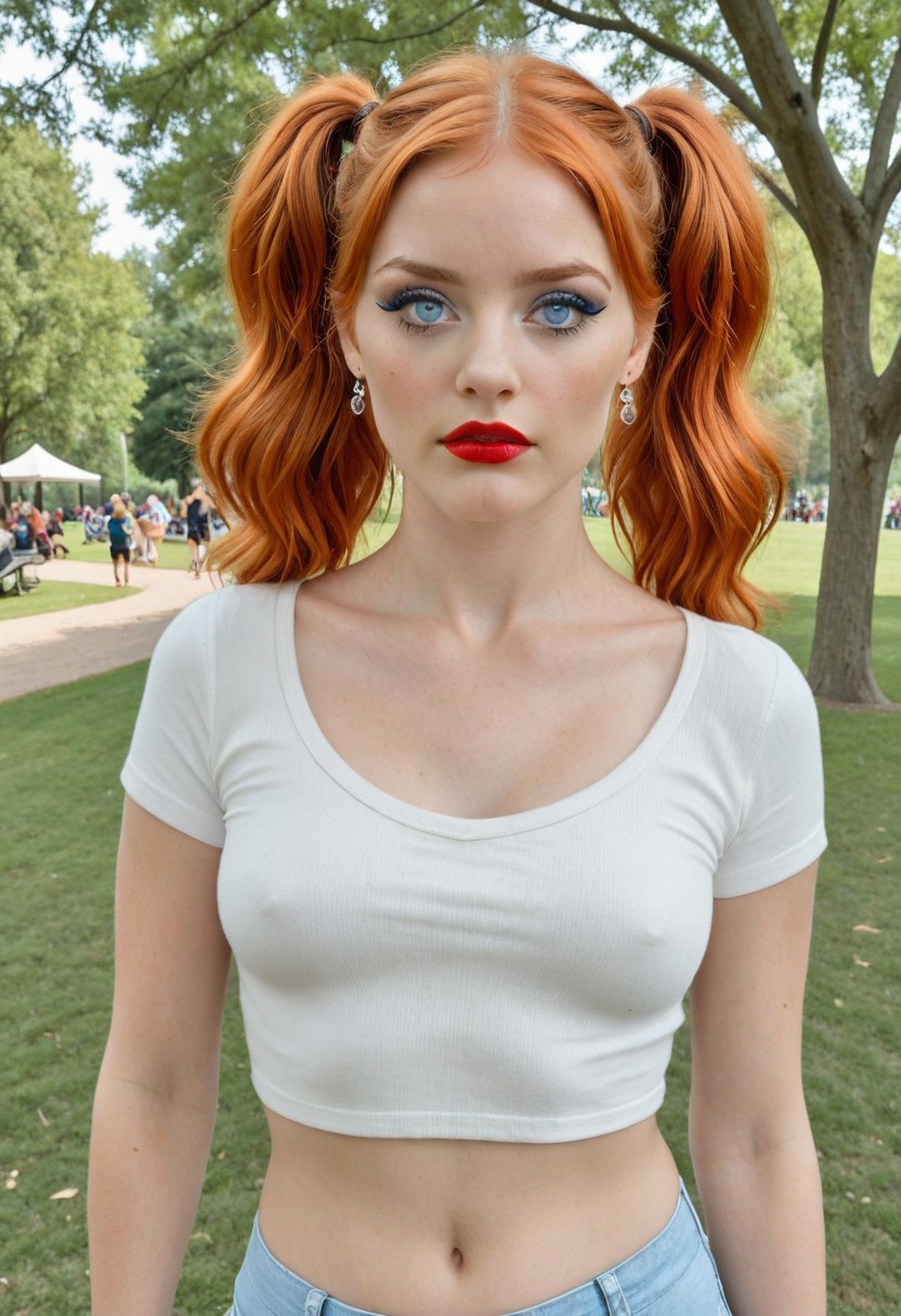 collarbone, jewelry, short sleeves, navel, tree, standing in the park, orange-auburn hair in high arching twintails, blue eyes, vivid red lipstick, and heavy use of mascara, eye-liner, and blue eye shadow.