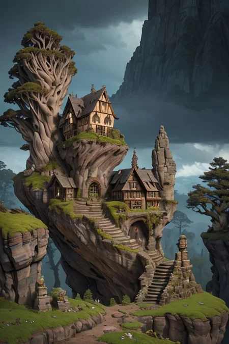 goblin's face, made of ancient weathered rock, tall grass, moss, trees, roots, half-timbered houses and stone staircases on the rock, winding upwards, against the sky with clouds, hyperealistic, surrealism, complex concept art, atmospheric, cinematic, very attractive and fabulous