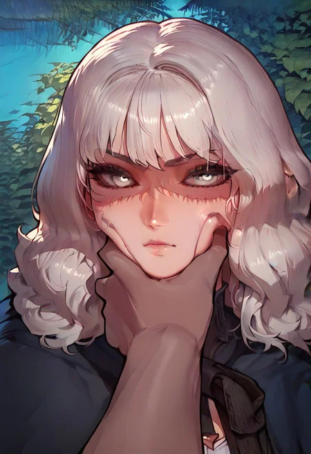 anime artwork, score_9, score_8_up, score_7_up, score_6_up, score_5_up, drowsinue, grey corset, grey cape, white shirt, black right arm, armor, white hair, wavy hair, medium hair, ((grey skin)), white eyes, masterpiece, best quality, serious, score_9, score_8_up, score_7_up, source_anime, close up, <lora:Floox_Style:1>, detailed eyes, detailed hair, povcheekgrabbing, solo focus, hand on another's face, white hand on face, pale hand,
