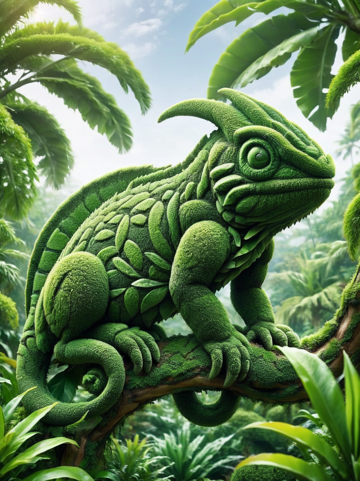 An ais-hdgrw chameleon, perfectly camouflaged amidst sculpted foliage in a tropical setting. <lora:ais-hdgrw-sdxl:1>