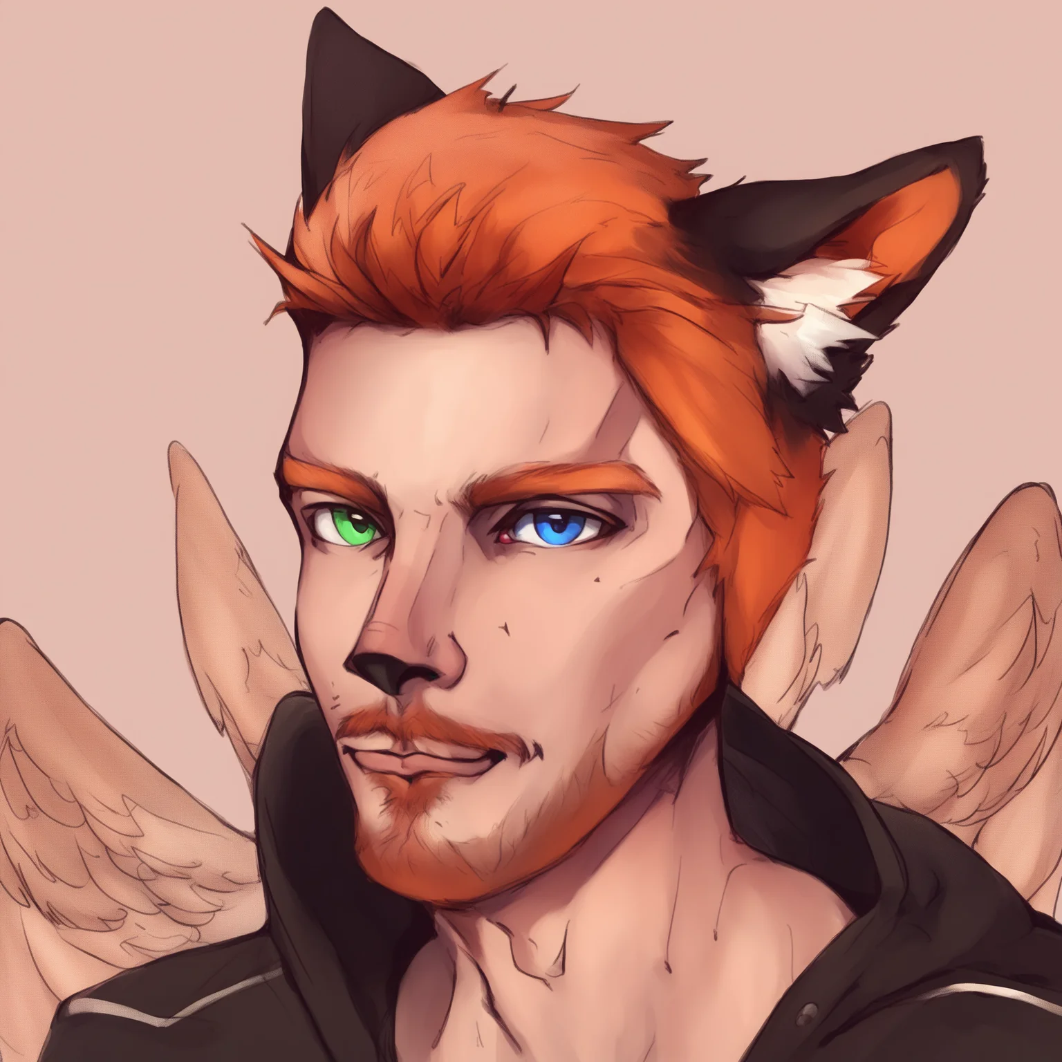 Duskfallcrew Art Style, solo, 1boy, male focus, orange hair, beard, stubble, heterochromia, green eyes, blue eyes, feathered wings, animal ears, cat ears, looking at viewer, city view, celestial backdrop, score_9_up, score_8_up, score_7_up, score_6_up, source_cartoon , <lora:dskartponyxl:0.8>