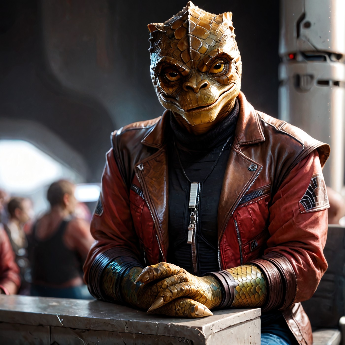 score_9,score_8,score_7,source_furry,
<solo:1.5>,
 trandoshan, trandoshan _starwars, alien,
trandoshan_starwars, trandoshan, alien, trandoshan _starwars, solo, jacket, leather jacket, leather, blurry, blurry background, yellow eyes, sitting, scales, 1boy, male focus, no humans, red jacket, furry,
 <lora:Trandoshan_Star_Wars_V2:1> trandoshan_starwars,