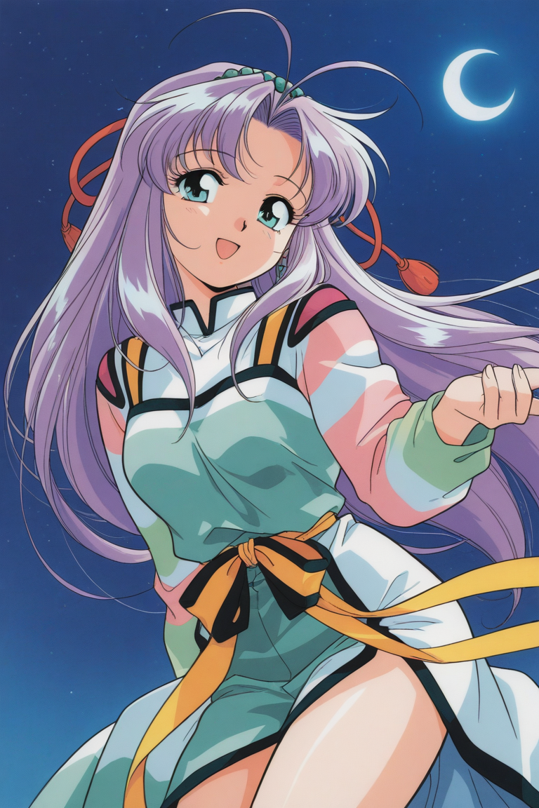 masterpiece, best quality, source_anime,official art,perfect_anatomy,1990s_\(style\),retro_artstyle,1girl,Shaorin,jewelry,ahoge,long_hair,purple_hair,dress,long_sleeves ,long skirt,(beautiful detailed face,looking_at_viewer,smile,open mouth),cowboy shot,thighs,close to viewer,moonlight,starry_sky,crescent_moon