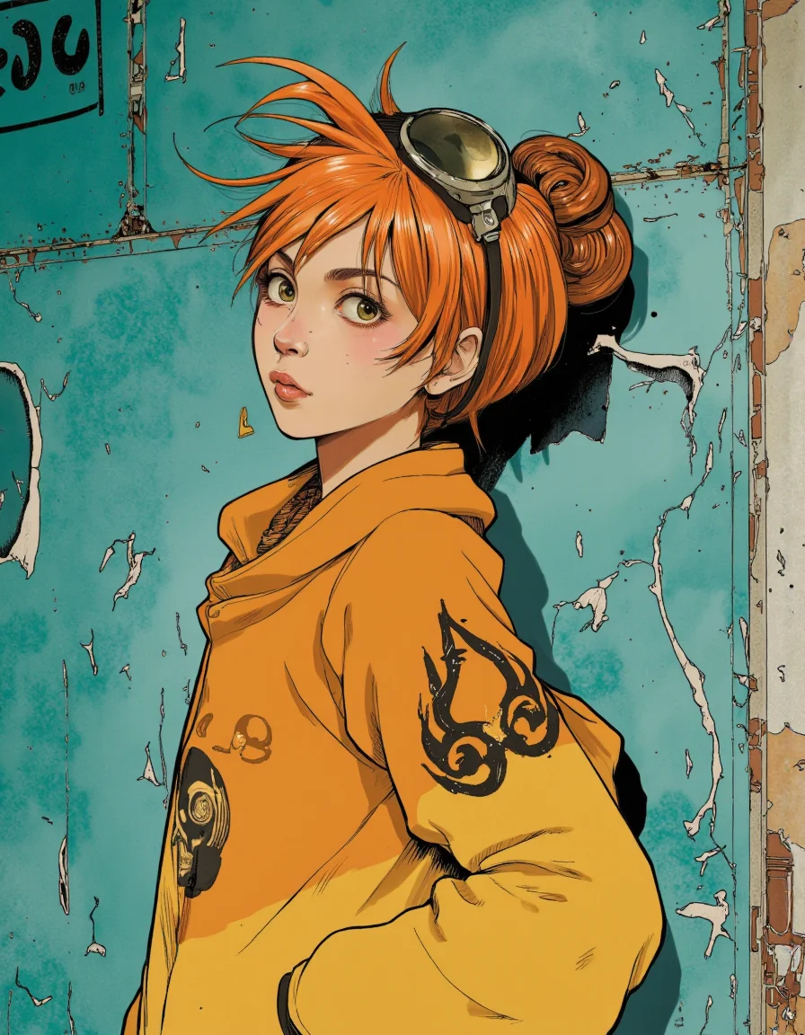 Art by Alessandro Barbucci. A digital illustration shoot from a profile camera angle about a stylized character with orange hair and goggles, set against a teal background with peeling paint. the image also shows a young girl with a slim body, wearing an orange hoodie with a skull design, and goggles on her head. on the middle of the image, a young woman appears to be looking up, with her upper body visible. she has orange hair styled in a spiky manner, and her eyes are directed upwards. her expression is neutral, and she has a serious expression. she is wearing goggles and a yellow hoodie, with a small black skull design on her chest. her hair is styled in an updo with a hair curler on top. the background is a textured, teal-colored wall with peeking paint, giving the image a grungy, industrial feel.