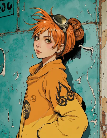 Art by Alessandro Barbucci. A digital illustration shoot from a profile camera angle about a stylized character with orange hair and goggles, set against a teal background with peeling paint. the image also shows a young girl with a slim body, wearing an orange hoodie with a skull design, and goggles on her head. on the middle of the image, a young woman appears to be looking up, with her upper body visible. she has orange hair styled in a spiky manner, and her eyes are directed upwards. her expression is neutral, and she has a serious expression. she is wearing goggles and a yellow hoodie, with a small black skull design on her chest. her hair is styled in an updo with a hair curler on top. the background is a textured, teal-colored wall with peeking paint, giving the image a grungy, industrial feel.