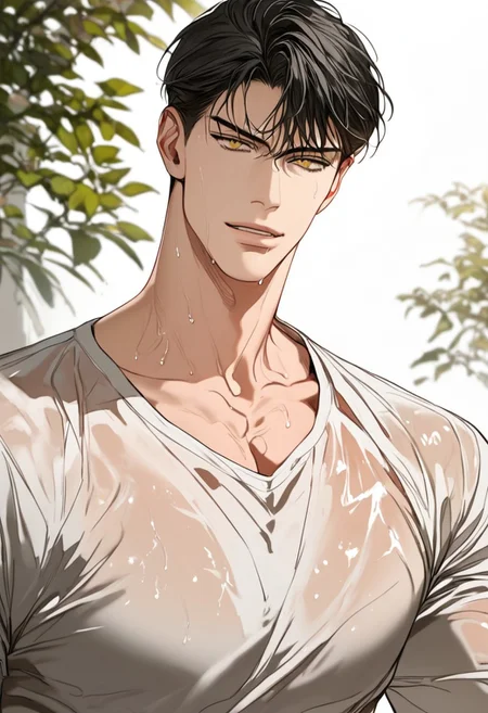 Black_j, yaoi, blmanhwa, score_9, score_8_up, score_7_up , hyper realistic skin texture, handsome, 1boy, solo, male focus, muscular, black hair, short hair, slick back, yellow eyes, sexy, lewd, seductive, wet clothes, outside,