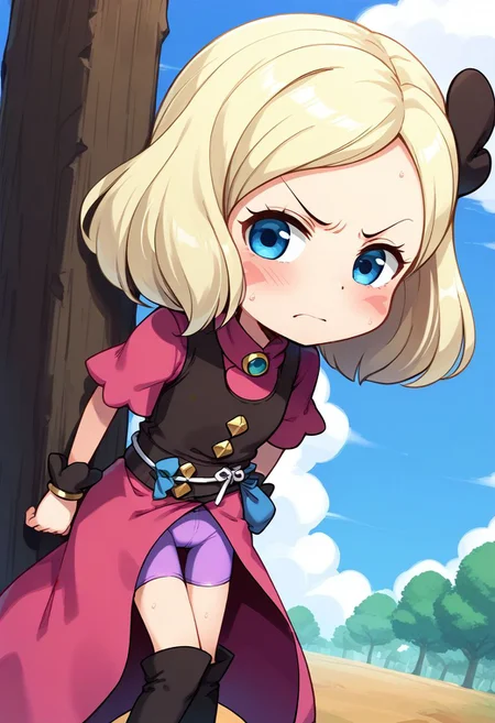 score_9, score_8_up, score_7_up, best quality, uncensored, source_anime, BREAK
1girl, sw-mayone, blond hair, short hair, heart hair ornament, blure eyes, blush stickers, pink dress, brown vest, sw-mayone outfit, purple bike shorts, brown thigh boots,
dutch angle, bent over, anger, outdoors, 
<lora:sdxl_lightning_8step_lora:1> <lora:sw-mayone_XL(pony):1>