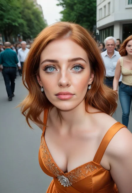 Fiona-Nobody, upper body photo from head to knees, photorealistic image of a 24-year old woman with auburn hair and blue eyes, bra, upper body, facial hair, looking at viewer, earrings,  orange dress, shirt looking up, walking outside on the street with many people