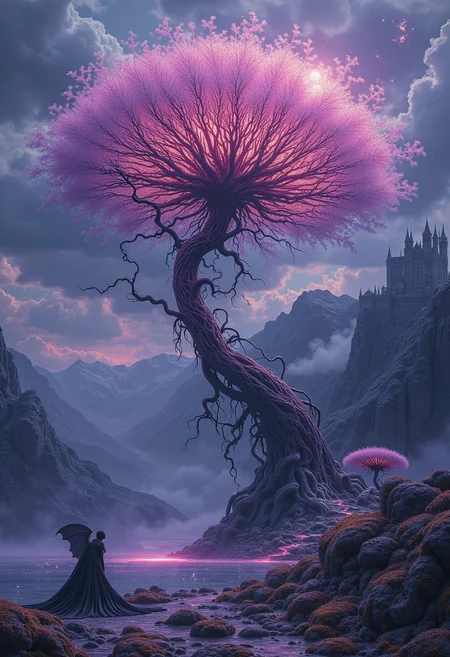 In an enchanting realm where dreams intertwine with reality, a captivating scene unfolds around an ethereal lake teeming with uncharted beauty. Perched atop its shimmering surface lies Draculas eerie castle, shadowed by towering clouds as it watches over this mystical expanse. Amidst the grandeur, a fascinating alien creature steps into focus, effortlessly leaning against a breathtaking alien tree shaped like a dandelion, illuminated with an otherworldly glow. This alien marvel, an intricate composition of angular wings, sharp lines, and deep hues of red and violet, stands out against the backdrop of the surreal landscape. As holy and dramatic lighting engulfs every detail of the scene, a magical atmosphere is heightened by the platinum hue, vivid violet, and golds of the color palette. Retro art style blends seamlessly with comic artistry, bringing forth a hyperrealistic visual narrative that evokes both wonder and intrigue. Every element, from the latticework of the alien tree to the captivating features of the alien creature, is rendered in meticulous detail, inviting viewers to explore the depths of this fantastical realm and lose themselves within its surreal embrace. ,<lora:flux/fav/Expressionist_Painting_Style.safetensors:1.0:1.0>