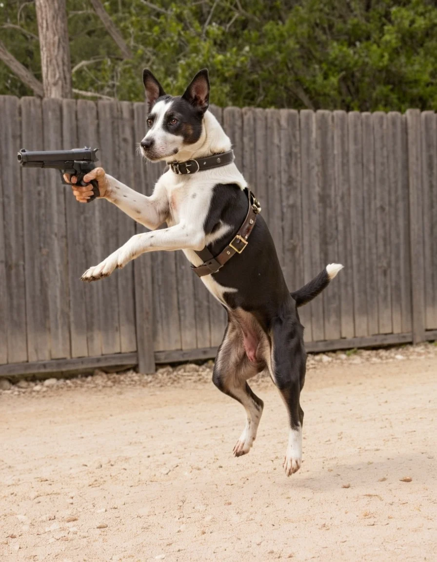 action shot of a a dog dressed as a pistolero mid air jumping to the side <lora:D47673C6B9:0.6> holding a pistol n her detailed hands
