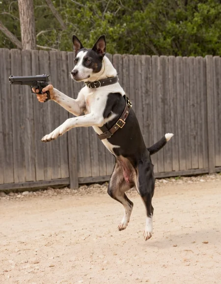 action shot of a a dog dressed as a pistolero mid air jumping to the side <lora:D47673C6B9:0.6> holding a pistol n her detailed hands