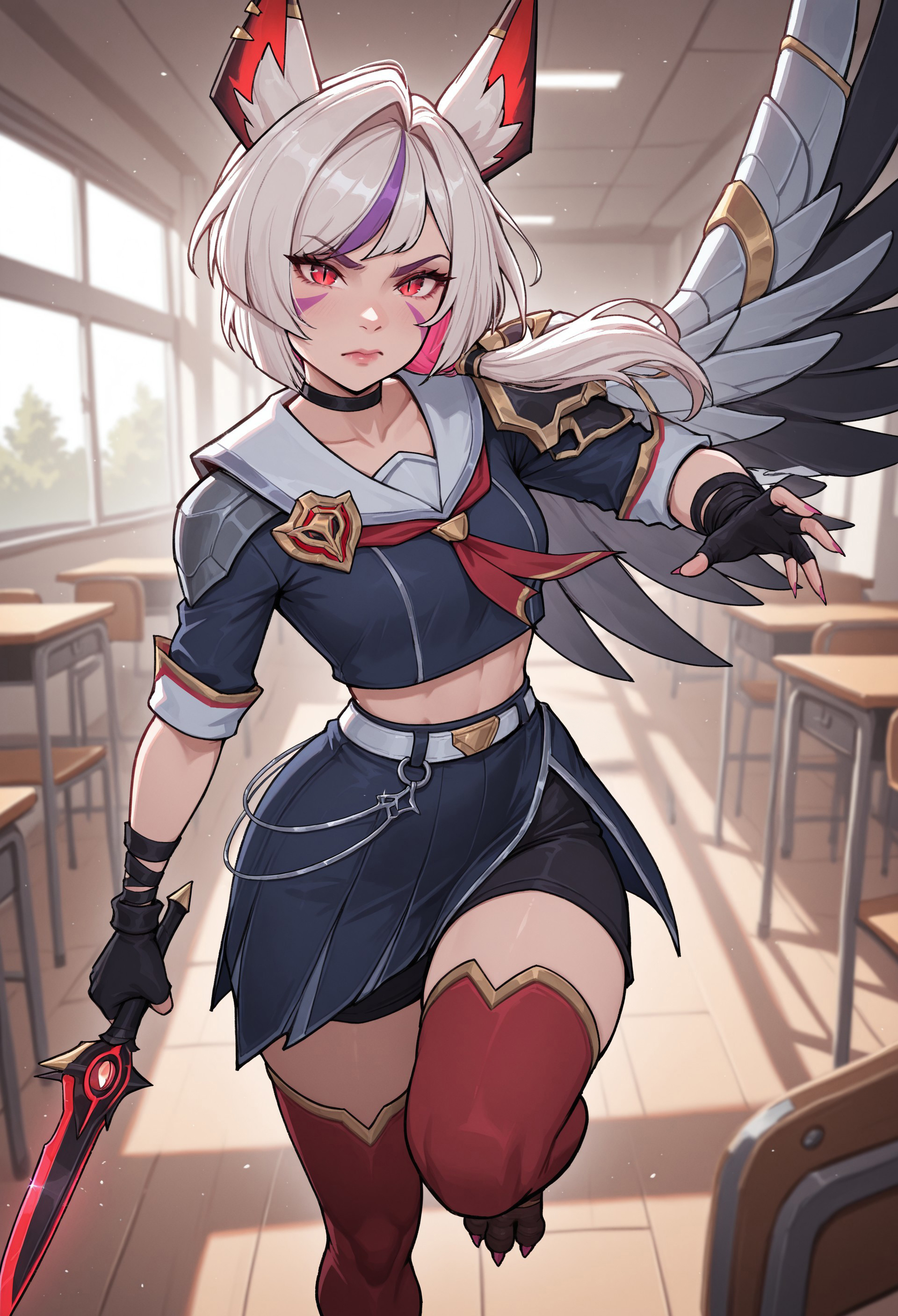 masterpiece, best quality, very aesthetic, dynamic pose, perspective, ultra-detailed, highly detailed, cinematic lighting, realistic shading, intricate details, soft lighting, high contrast, depth of field, LOLBAXayah, 1girl, animal ears, animal ear piercing, low side ponytail, two-tone hair, red eyes, slit pupils, purple facial mark, bird legs, pink nail polish, sharp fingernails, black choker, badge, sailor collar, red neckerchief, blue cropped shirt, midriff, black bandages, black fingerless gloves, white belt, belt chain, blue miniskirt, side slit, black shorts, shorts under skirt, single pauldron, wing cape, red thighhighs, toeless legwear, knee up, chair, holding dagger, looking at viewer, angry, indoors, school, day
