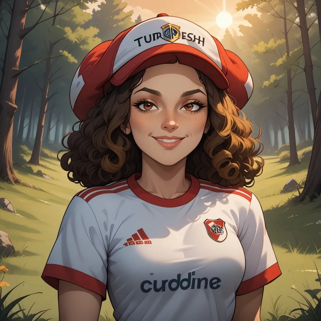 score_9, score_8, BREAK, solo, multicolored jamaican headwear, brown hair, curly hair, freckles, lips, RiverPlate, striped shirt, striped, shirt, white shirt, short sleeves, clothes writing, sportswear, soccer uniform, Total Drama, Laurie_(\Total_Drama\), breasts, sexy pose, self portrait, smile, looking at viewer, outdoors, sunlight, shadows, evening lighting, natural lighting, forest, trees, grass, orange sky, sunset