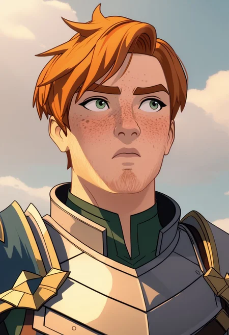 Score_9, Score_8, Score_7, TDPStyle, Gren, Armour, Ginger Hair, Freckles, looking to the side, confused, bust shot
