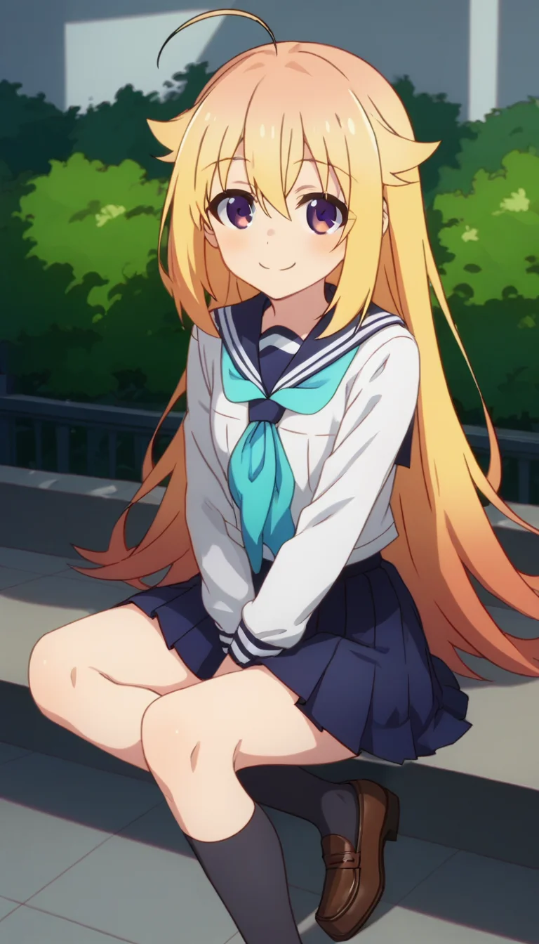 score_9,score_8_up,score_7_up,score_6_up BREAK official art,solo,outdoors,upper body,(portrait:1.5),looking at viewer,facing viewer,smile,blush,Koshi Torako,ahoge,very long hair,blonde hair,hair flaps,sidelocks,hair between eyes,bangs,purple eyes,school uniform,blue sailor collar,blue neckerchief,white shirt,long sleeves,blue skirt,pleated skirt,black socks,loafers,brown footwear,<lora:Koshi Torako(snk)-Pony:1.6>,