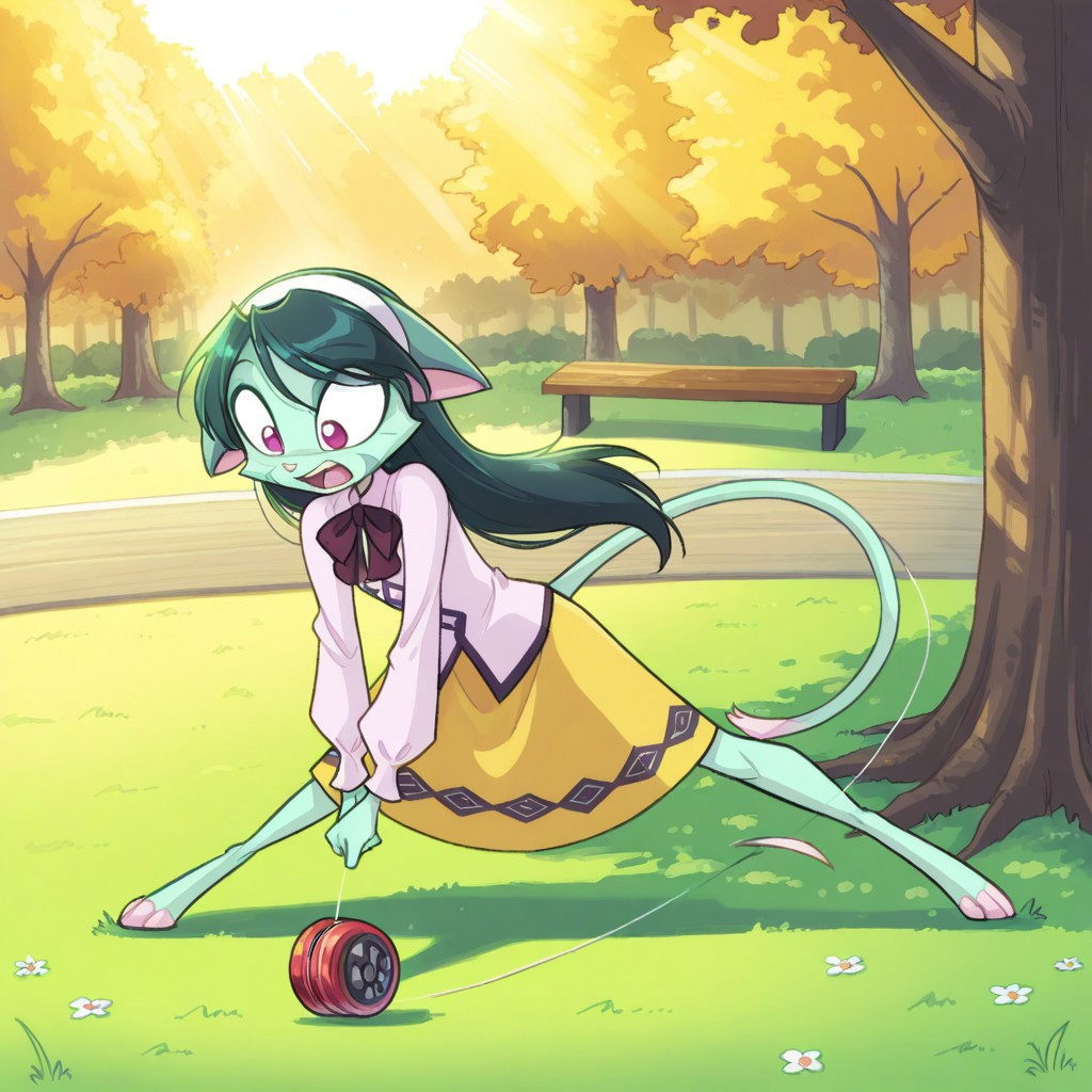 score_9, score_8_up, score_7_up,lilith_calah,
1girl,solo,furry,tail,dark green hair, source_furry,
 ,<lora:lilith_calah_illustrious:0.8>,
child, kid,
Playing with a Yo-Yo, yo yo, cute, , long_hair, hairband, yellow_skirt, blouse, bowtie, yo-yo, spinning, outdoors, sunlight, park, grass, trees, dynamic_pose, detailed_clothing, vibrant_colors, wooden_bench, flowers, soft_highlights, summer,