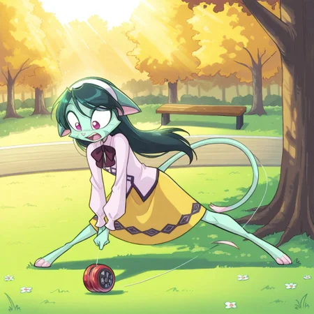 score_9, score_8_up, score_7_up,lilith_calah,
1girl,solo,furry,tail,dark green hair, source_furry,
,<lora:lilith_calah_illustrious:0.8>,
child, kid,
Playing with a Yo-Yo, yo yo, cute, , long_hair, hairband, yellow_skirt, blouse, bowtie, yo-yo, spinning, outdoors, sunlight, park, grass, trees, dynamic_pose, detailed_clothing, vibrant_colors, wooden_bench, flowers, soft_highlights, summer,