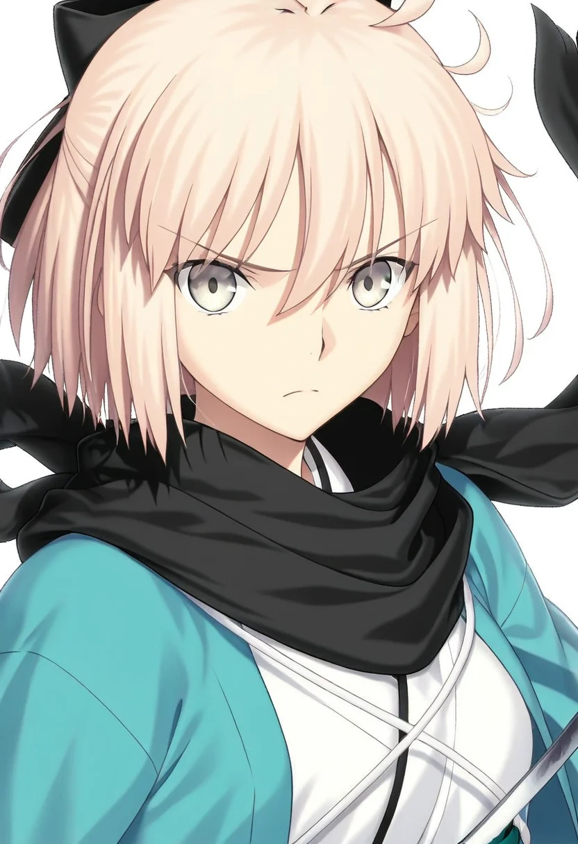 masterpiece, best quality, absurdres, detailed skin, detailed eyes, detailed face, anime colored, anime screencap, anime colored,
<lora:Okita_Souji:1>, Okita Souji, 1 girl, looking at viewer, serious,
haori, scarf, katana,
((white background)),