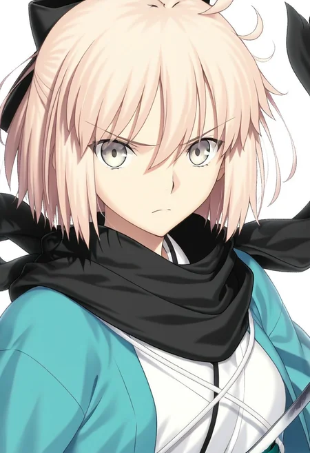masterpiece, best quality, absurdres, detailed skin, detailed eyes, detailed face, anime colored, anime screencap, anime colored,
<lora:Okita_Souji:1>, Okita Souji, 1 girl, looking at viewer, serious,
haori, scarf, katana,
((white background)),