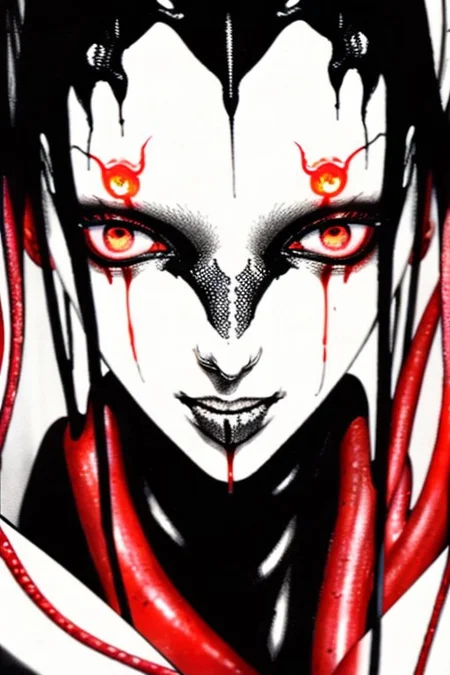 zPDXL2, score_9, score_8_up, score_7_up,  alien monster girl, beautiful face, tentacle hands:1.1, (inside a cave), multiple eyes, ((close up:2.2)), focus on face, large jellyfish head shape, multiple eyes on head, black body color, long octopus hair:1.2,  tendrils wrapped around breasts, black body, extremely detailed, skin texture, glistening body, small breasts, red scales on body, dripping wet body, oiled, long sleeves, white face, (big ass:0.4), black sclera, (shining white eyes), emerging from water, monster body, black sclera, glossy eyes, arching back, seductive smirk, wicked smile, Expressiveh, from side, from below