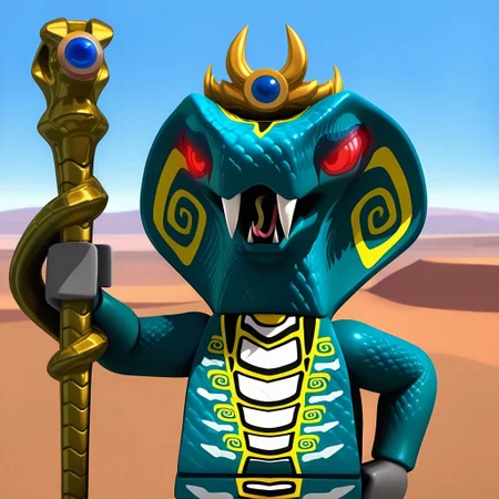 Skales, Hypnobrai, serpentine, snake, small mouth, cobra hood, yellow spirals on hood, teal scales, white yellow light grey and black body markings, head markings, body markings, long tail, very long tail, tail markings, no legs, apode, grey hands, fangs, red glowing eyes, dark red pupils, spirals in eyes, dark eye liner, pointed teeth, 2 fangs, short neck, solo, male, 1boy, no humans, 3D, volumetric lighting, perfect lighting, detailed scales, shiny scales, masterpiece, best quality, amazing quality, very aesthetic, absurdres, newest, high quality, hand on hip, unamused, half lidded eyes, annoyed, looking at viewer, close up, bust, photo, posing, outside, outdoors, desert, sand, sandy, king, kingly, crown, spiked crown, blue gem in crown, staff, snake staff, blue gem in staff, posing with staff, forked tongue, yelling, angry