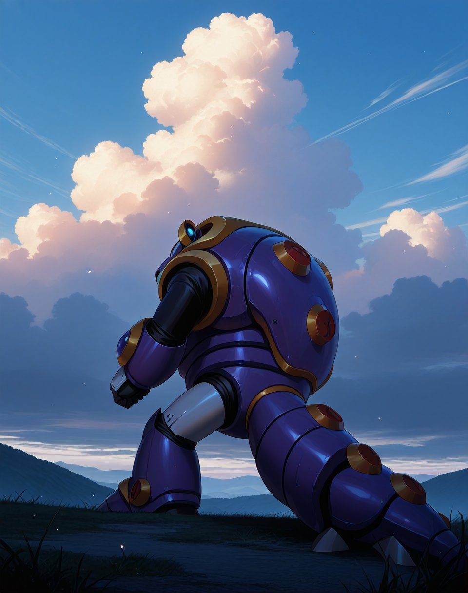 <lora:Armored_Armadillo_(Mega_Man_X)_(Illustrious)_(AD):1.35> Armored Armadillo, reploid, MMX, 
exterior, video game background, sky with clouds, back view, 
male focus, intense shadows, dynamic shadows, intricate details, attention to details, gradient coloring, robot, 
BREAK very awa, masterpiece, best quality, amazing quality, very aesthetic, highres, absurdres, 
EZRealPONYXL, zPDXL, Smooth Quality, lazynsfw,