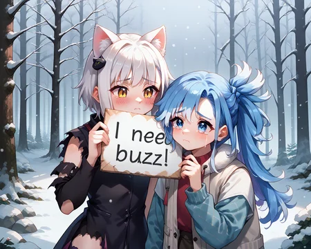 first posirive: score_9, score_8_up, score_7_up,source_anime, 2girls, need_buzz, holding sign, winter forest, (snowstorm:1.2),
(ctiank0nek0:1.1), cat tail, cat ears, (blush:1.2), tears, (torn clothes:1.5), sad
second positive: score_9, score_8_up, score_7_up,source_anime, 2girls, need_buzz, holding sign, winter forest, (snowstorm:1.2),
(ctiank0nek0:1.1), cat tail, cat ears, (blush:1.2), tears, (torn clothes:1.5), sad