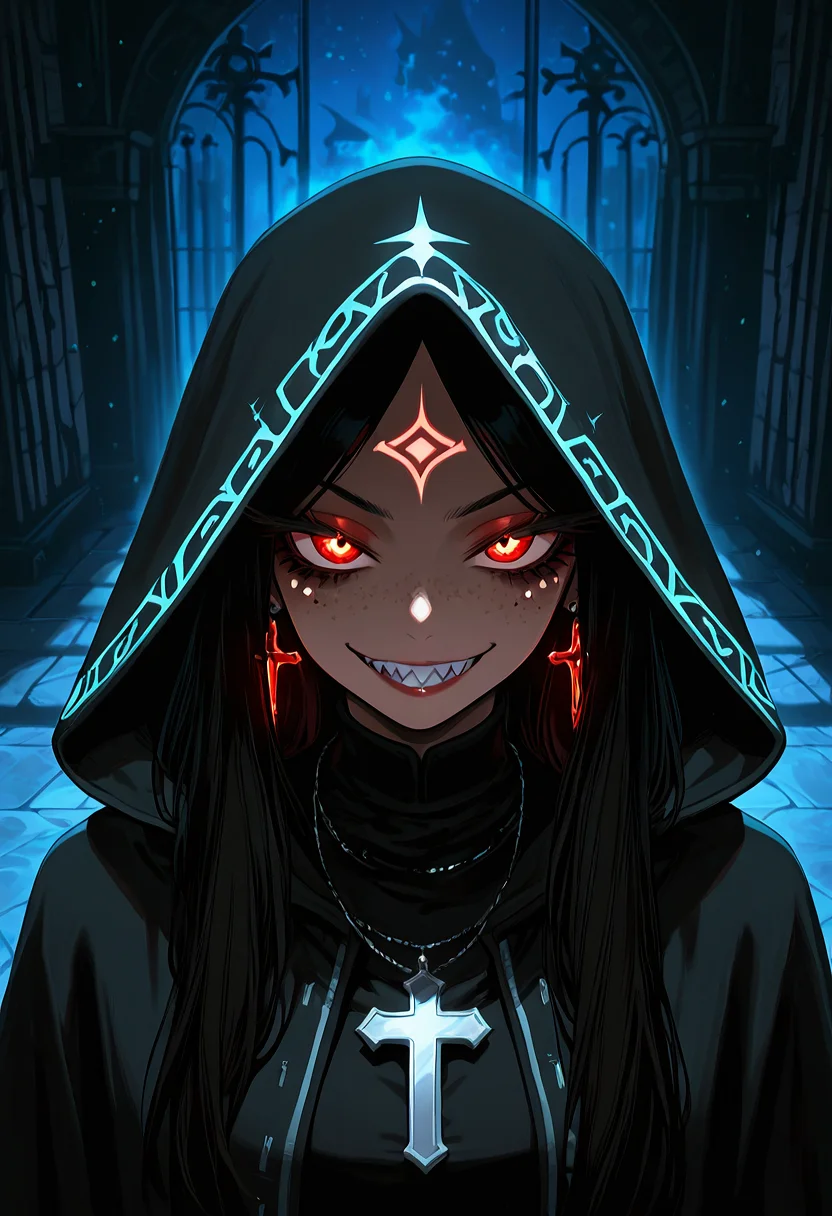 <lora:Lora\fantasy_anime_style-000003:1> masterpiece, best quality, amazing quality, very aesthetic, absurdres, newest, (Perfect details),(****), 1girl, solo, red eyes, smile, jewelry, hood, long hair, glowing, freckles, necklace, grin, teeth, glowing eyes, facial mark, cross, looking at viewer, hood up, sharp teeth, forehead mark, earrings, evil smile, black hair, lips, yeshadow, eyeliner, eyelashes, makeup, night, perfect lighting, chiaroscuro lighting style, glowing, neon, mascara, long eyelashes, lipstick, big eyes, fantasy anime style, anime artwork, official art, highly detailed, vibrant colors, magical atmosphere, digital painting, ethereal glow, soft shadows, cinematic lighting