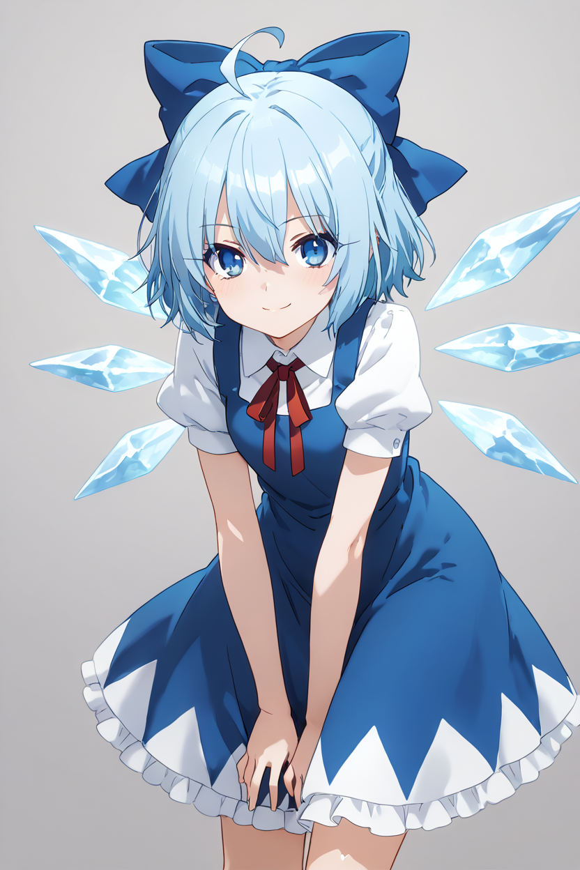 masterpiece, best quality, 1girl, solo, 21 year old model, eyelashes, (beautiful eyes),     ,,, <lora:CirnoTouhouIXL:1.0>, zzCirno, blue eyes, hair between eyes, ahoge, blue hair, hair bow, short hair, blue dress, puffy short sleeves, white shirt, bow, wings, ice, short sleeves, ice wings, dress,, cowboy shot, leaning forward, smile, looking at viewer, shiny skin,<lora:PrismaIllyaIXL_v2:1.0>,