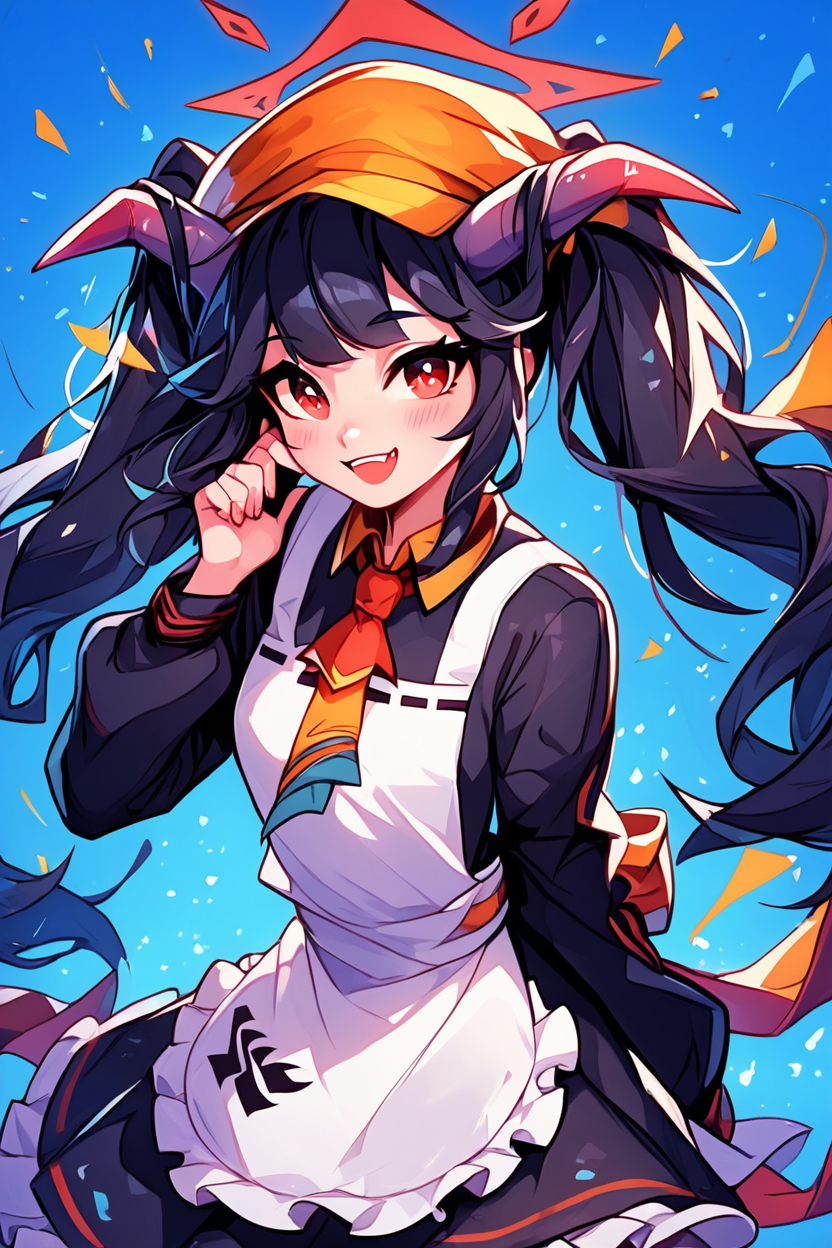 score_9, score_8_up, score_8, medium breasts, (curvy), cute, eyelashes,       BREAK, , ,,, zzFuuka, red eyes, black hair, long hair, horns, halo, demon horns, twintails black dress, white apron, frilled apron,  orange headwear, school uniform, necktie,  <lora:Fuuka_BlueArchive_PDXL:0.8>,   ,,,, BREAK, embedding:zPDXL, Expressiveh, ,,, <lora:EnergyCAT:1.0>, solo, smile, looking at viewer, aura, blue sky, ,,, <lora:SDXLFaeTastic2400:0.5>, <lora:Expressive_H-000001:0.4>,
