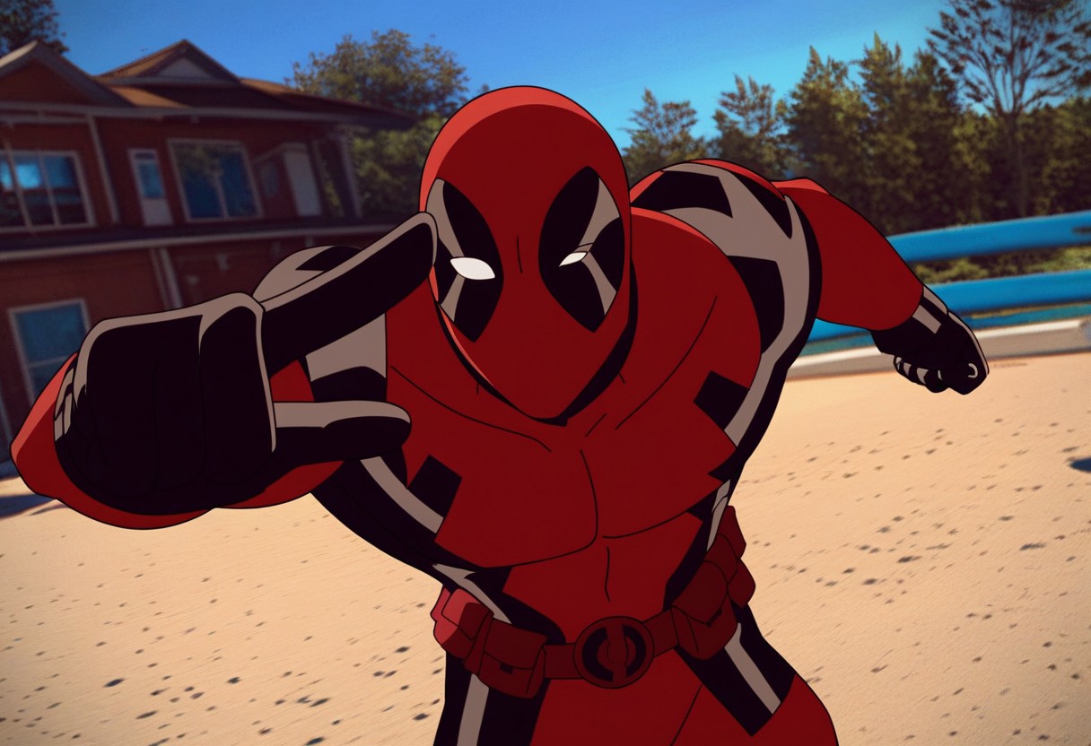 score_9, score_8_up, score_7_up,1 male,animated superhero styleflat colors,thick outlines,western cartoon, upper body, close up, pointing at viewer
   , masterpiece, beautiful,solo, 1male, Ultideadpool,,  red-and-black tactical suit, skintight, black padding on shoulders,black gloves,muscular build, red mask,  black and white eye patches on mask, standing, battle pose, outdoor, mid air, jum, katanass son hands, action pose dynamic pose