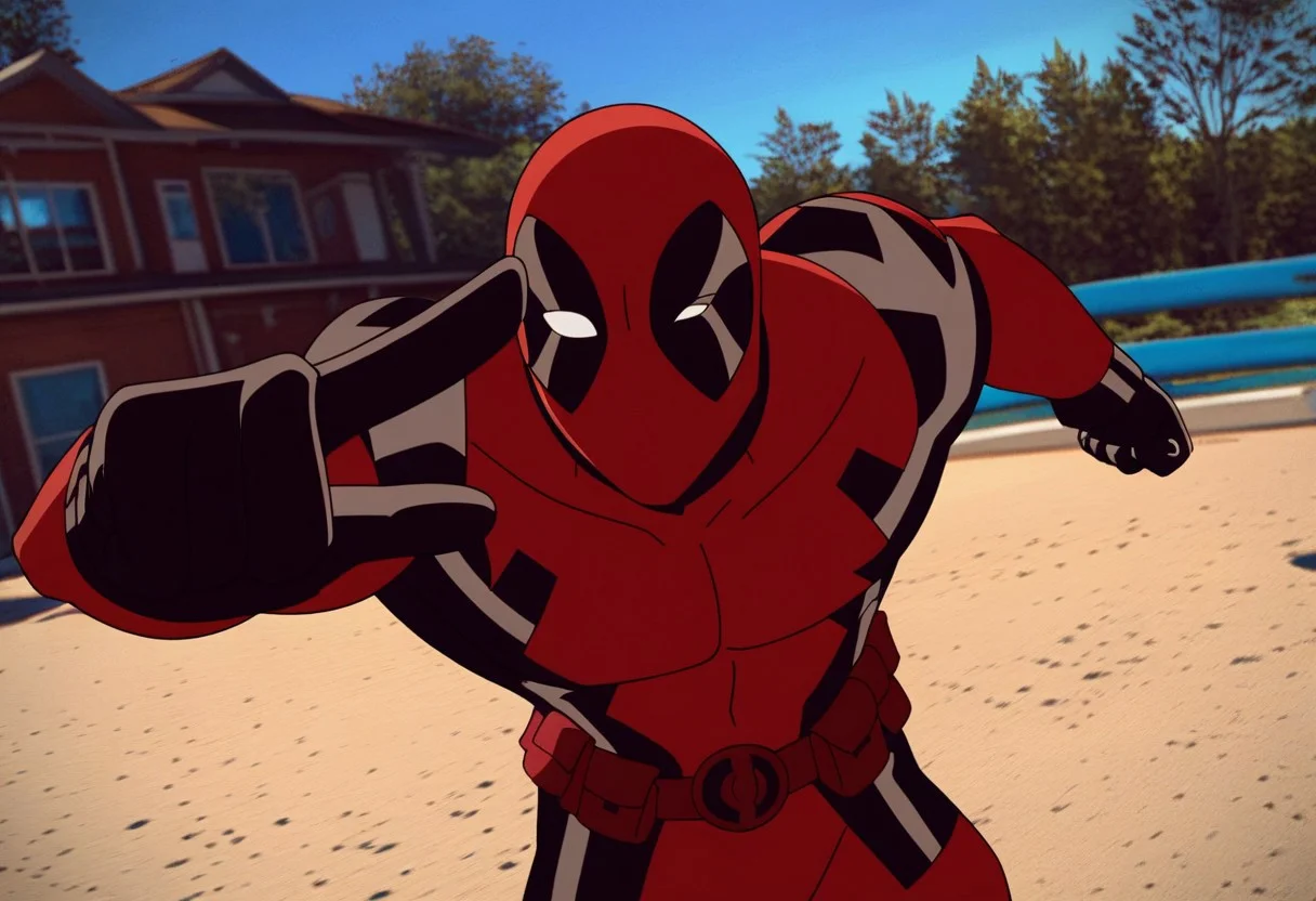 score_9, score_8_up, score_7_up,1 male,animated superhero styleflat colors,thick outlines,western cartoon, upper body, close up, pointing at viewer
, masterpiece, beautiful,solo, 1male, Ultideadpool,, red-and-black tactical suit, skintight, black padding on shoulders,black gloves,muscular build, red mask, black and white eye patches on mask, standing, battle pose, outdoor, mid air, jum, katanass son hands, action pose dynamic pose