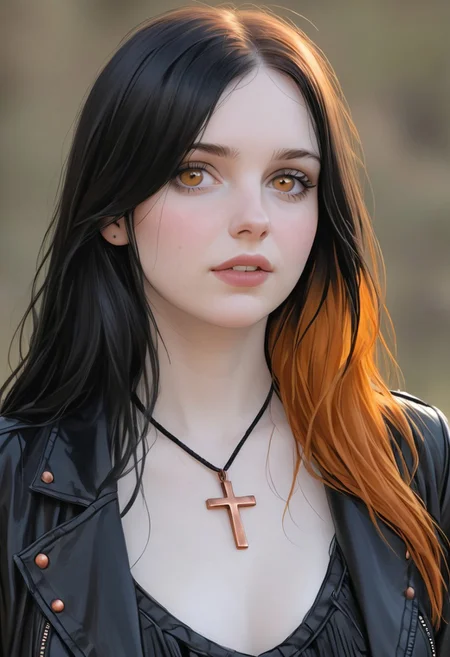 Masterpiece, artistic, focus on copper wedding-ring, realism style, realist, photorealism, very detailed skin, knee-up angle shot.
BREAK
girl,goth girl, CopperCharater, protruding teeth:1.3,human, protruding ears:1.3, human ears, long straight hair, black hair, orange dyed dip, hazel eyes:1.3,  white pale skin, copper jewelry, black clothes, [[chubby]], micro-short, micro top, aviator jacket, /(flat chest:1.3, narrow shoulders, fat ass, thick thighs:1.4, thin waist:1.2, wide hips:1.5/) , goth Native American clothes:1.1.