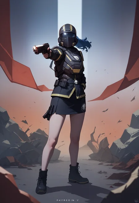 score_9, score_8_up, score_7_up, holding weapon, holding gun, handgun, hand in pocket, aiming, <lora:YusufDikecGunPose_pdxl_Incrs_v1:1>, 1girl, <lora:HelldiversXL:1> helldiver, armor, helmet, skirt