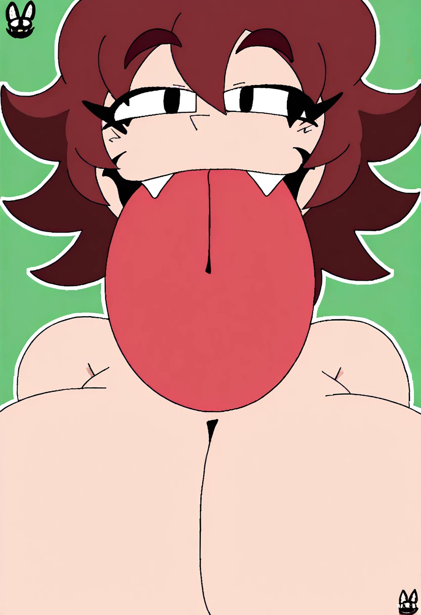 FurryMemeGamer420ArtStyle, masterpiece, NeedlemouseGFEXE, 1girl, taller, thinner body, black eyes, brown-red hair, nude, huge breasts, fair skin, solo, upper body, mouth open, tongue out, mawshot, big tongue, huge tongue, comically large tongue, mouth focus, front view, pov, oral invitation
