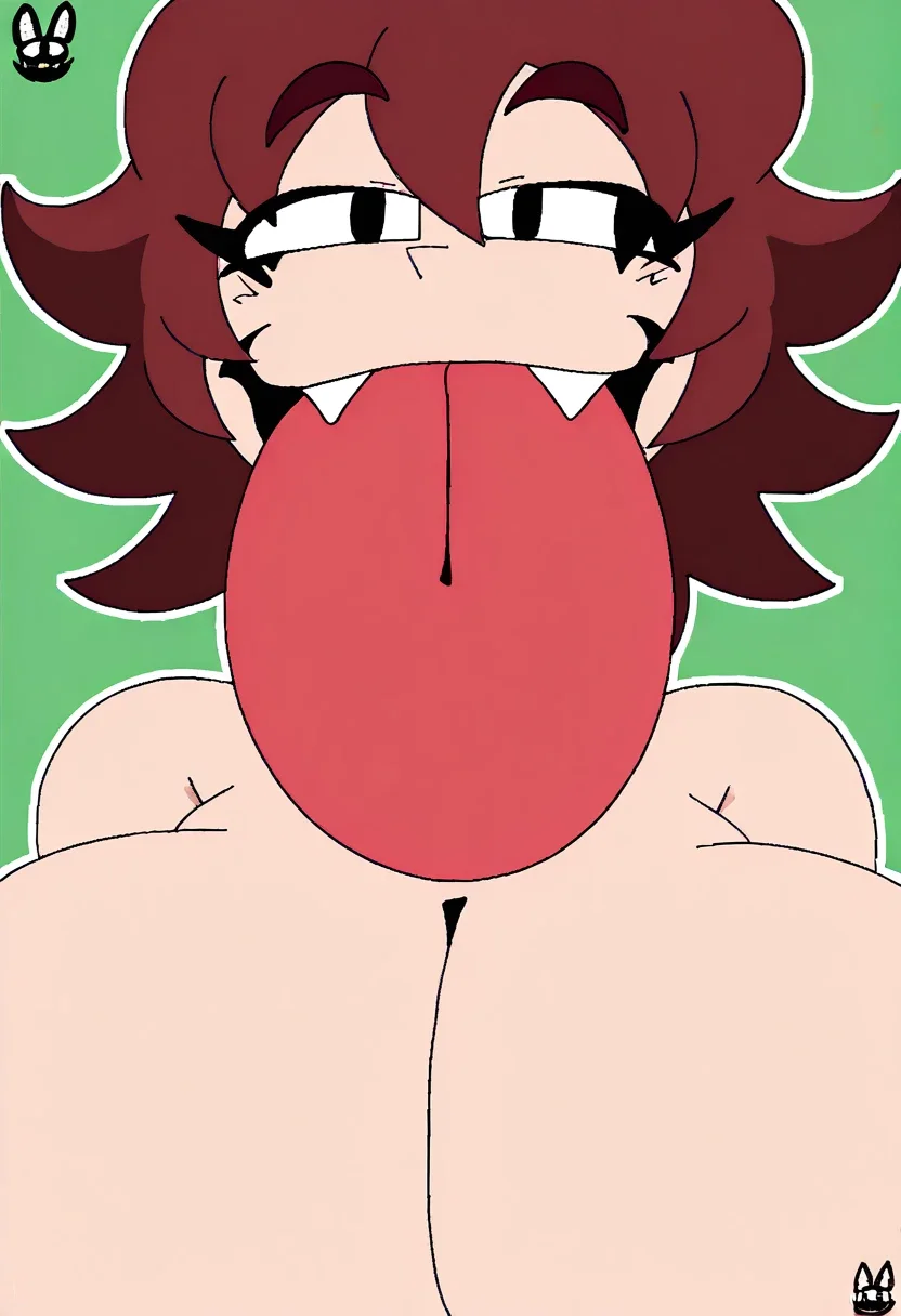FurryMemeGamer420ArtStyle, masterpiece, NeedlemouseGFEXE, 1girl, taller, thinner body, black eyes, brown-red hair, nude, huge breasts, fair skin, solo, upper body, mouth open, tongue out, mawshot, big tongue, huge tongue, comically large tongue, mouth focus, front view, pov, oral invitation