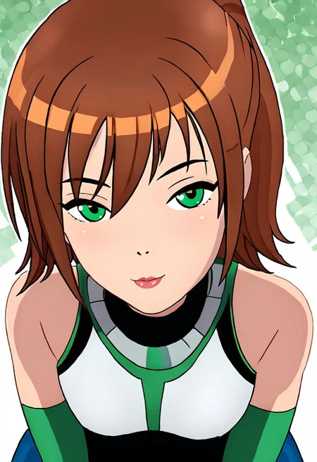 masterpiece, best quality, 1girl, girl is a very feminine, very girly, large boobs, cute, innocent, sexy,female version of Ben Tennyson, brown hair, green eyes, wearing Floral_note_y,. Style is of the Ben10 cartoon. Setting is in her bedroom. detailed background, dynamic angle, volumetric lighting, intense spotlights below, godrays
