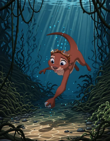 masterpiece, best quality, hyper-realistic, ultra-HD, luminous lighting, cinematic ambiance, shimmering gradients, ethereal glow, deep contrast, rich color tones, seductive atmosphere, captivating sensuality, Cinematic Lighting, raytracing, volumetric lighting, ambient occlusion, DisneyRenstyle, DISNEY_ANIMATION, zootopia artstyle,
female, ((solo)), high quality, hi res, Very Short Female, (((otter))), brown body, white fur, ((blue eyes:1.3)), (((goggles on head))), (((long otter tail))), small breasts, featureless breasts, gunmouth, (((swimming:1.3))), ((((underwater:1.3)))), moss, mossy stone, underwater stones, sunbeam, riverbed, underwater plants, ((many Kelp vines:1.2)), (((Swamp:1.3))), Mossy logs, Background: Moss, rocks. logs, glint, pebble, holding pebble,
<lora:Zootopia_Art_Style (1):0.7> <lora:Disney_Animation_v5-V7:0.85> <lora:Disney_Renaissance_IllustriousV1:0.4>âââ