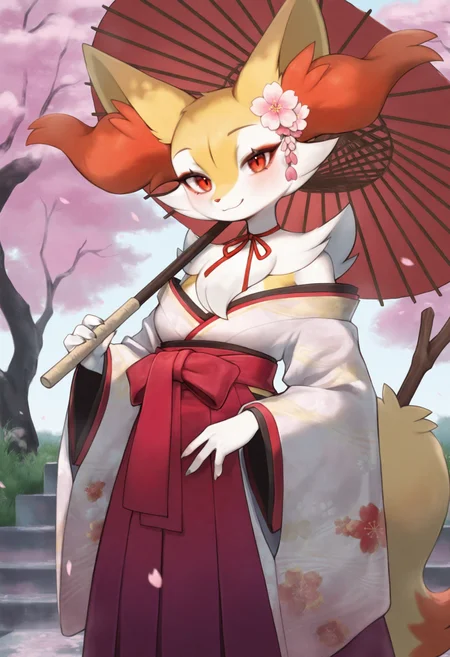 1girl,furry female,pokemon \(creature\),braixen,small breasts,fox girl,fox ears,fox tail,body fur,multicolored fur,white fur,neck fur,yellow fur,animal ear fluff,stick,red eyes,red eyeliner,
(yuiostyle:0.9),(rememx:0.7),solo,outdoors,cherry blossoms,falling petals,
standing,holding umbrella,oil-paper umbrella,umbrella over shoulder,
looking at viewer,smile,closed mouth,
hakama,hakama skirt,japanese clothes,kimono,wide sleeves,off shoulder,bare shoulders,hair flower,neck ribbon,
masterpiece,best quality,highres,absurdres,newest,very awa,uncensored,