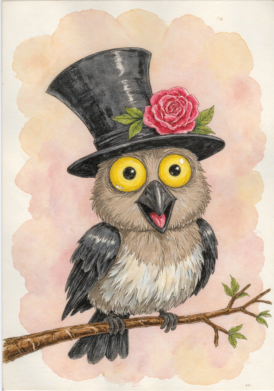 whimsical, hand-drawn watercolor illustration featuring a bird with a distinctive appearance. The bird, which resembles a raven or crow, is depicted with exaggerated, large, round eyes that are yellow with black pupils, giving it an expressive and lively look. Its beak is open, revealing a small tongue, suggesting it is speaking or singing. The bird has a tuft of feathers on its head, which is covered by a tall, black top hat adorned with a vibrant, red rose on the side. The birdâs feathers are primarily gray with a mix of brown and white, creating a textured, layered appearance. The background is a soft, beige watercolor wash, providing a neutral backdrop that highlights the bird's vibrant colors and expressive features. A thin, brown branch extends across the lower part of the image, adding a sense of depth and context. The style is whimsical and cartoonish, with detailed, exaggerated features typical of fantasy illustrations., aidmamjv7 <lora:aidmaMJv7-FLUX-v0.1:0.8>