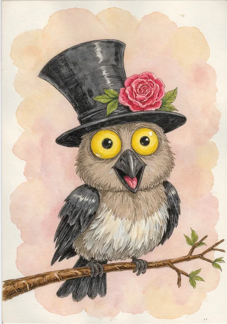 whimsical, hand-drawn watercolor illustration featuring a bird with a distinctive appearance. The bird, which resembles a raven or crow, is depicted with exaggerated, large, round eyes that are yellow with black pupils, giving it an expressive and lively look. Its beak is open, revealing a small tongue, suggesting it is speaking or singing. The bird has a tuft of feathers on its head, which is covered by a tall, black top hat adorned with a vibrant, red rose on the side. The birdâs feathers are primarily gray with a mix of brown and white, creating a textured, layered appearance. The background is a soft, beige watercolor wash, providing a neutral backdrop that highlights the bird's vibrant colors and expressive features. A thin, brown branch extends across the lower part of the image, adding a sense of depth and context. The style is whimsical and cartoonish, with detailed, exaggerated features typical of fantasy illustrations., aidmamjv7 <lora:aidmaMJv7-FLUX-v0.1:0.8>