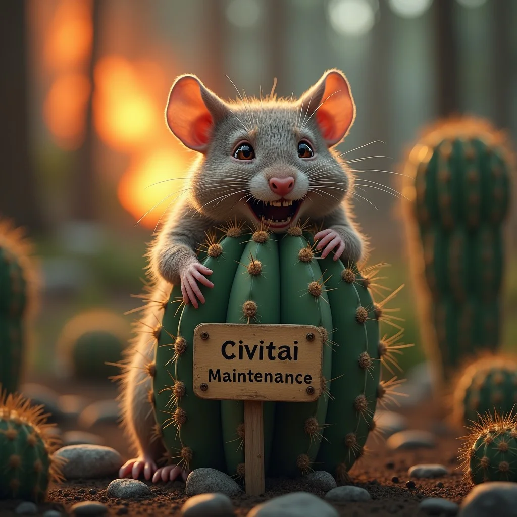 A mouse bites a cactus. There is a sign on the cactus that says ""Civitai Maintenance", big Forest fire in the background, hyper-realistic, photorealistic, 8k, masterpiece, award-winning photography, dramatic soft lighting, detailed facial features,