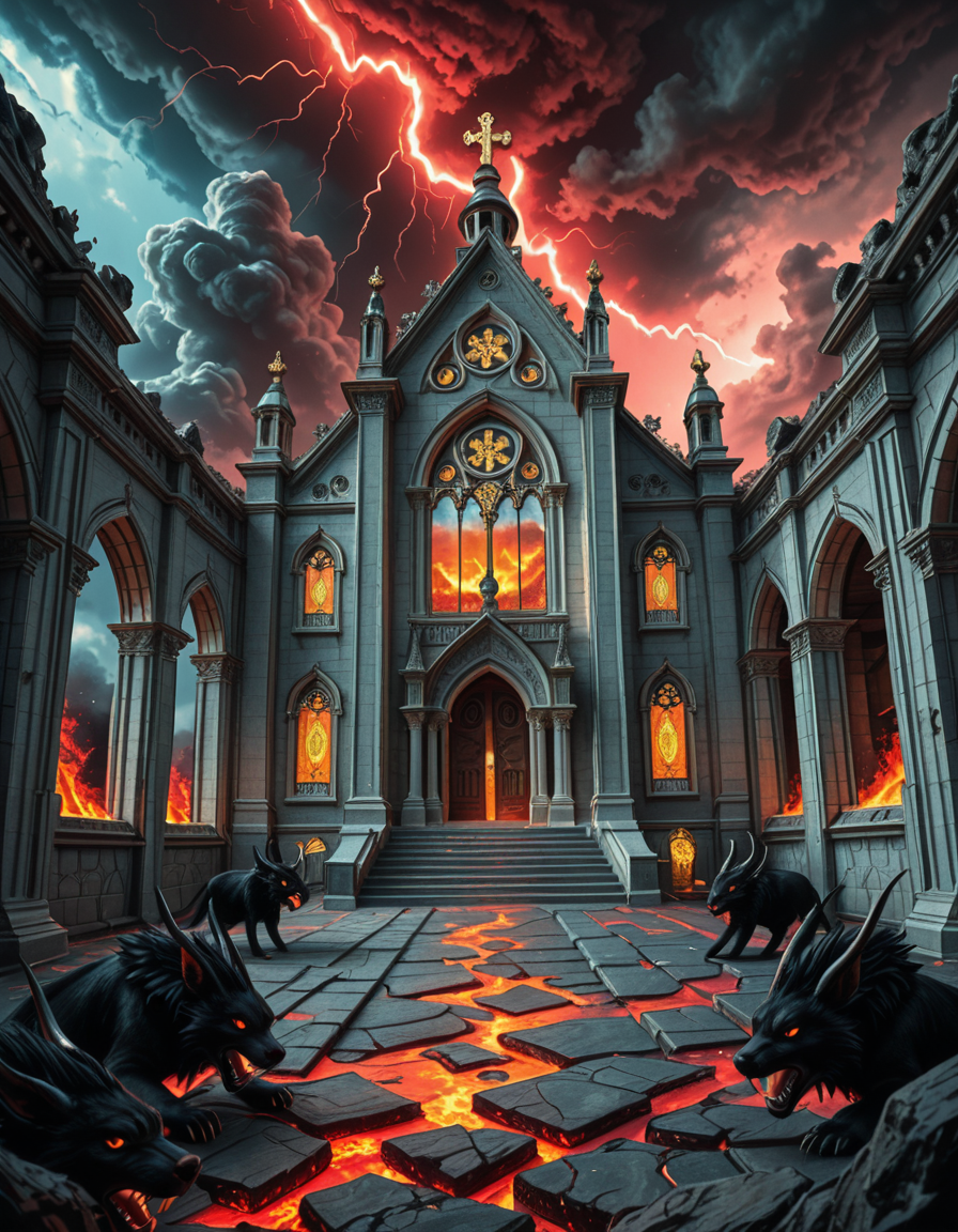 A once-majestic celestial temple, now under siege by the forces of Hell. The grand white stone structure is cracked and scorched, its golden crosses twisted and broken. The stained-glass windows, once glowing with warm divine light, are now shattered, with demonic symbols glowing ominously in their place. The sky, once a serene blue, is now consumed by dark storm clouds, swirling with red lightning and thick smoke.
Black, jagged chains extend from the sky, wrapping around the temple as if trying to pull it down into the abyss. The once-fluffy clouds beneath the structure are now a chaotic mix of fire, ash, and dark mist, with glimpses of molten lava cracks below. Infernal creatures with glowing red eyes lurk in the shadows, their silhouettes barely visible through the smoke and fire.
The temple doors are blown open, revealing an eerie red glow emanating from within, as if Hell itself is consuming the sacred space. Massive demonic runes are etched into the stone, pulsating with an unholy energy. The entire scene is bathed in a deep crimson and orange glow, giving it an apocalyptic and nightmarish atmosphere.
Style & Lighting:
- Dark fantasy, highly detailed
- Dramatic, high-contrast lighting with fiery glows
- Cinematic composition, epic scale
- Strong use of shadows, embers, and atmospheric foghighly detailed and atmospheric view from inside a massive birdcage, large enough for a human to stand inside. The cage is made of ornate, aged metal bars with intricate Victorian-style patterns, curving elegantly towards the domed ceiling. Sunlight filters through the gaps between the bars, casting long, dramatic shadows on the wooden floor. Delicate vines and small flowers have begun to grow around the bars, adding a touch of nature reclaiming the space. The background beyond the cage is blurred, hinting at a lush garden or a mysterious, abandoned mansion. The ambiance is serene yet slightly melancholic, with warm golden light illuminating dust particles floating in the air. Soft feathers are scattered on the floor, adding to the sense of quiet abandonment. The perspective makes the viewer feel as if they are inside the cage, looking outward, surrounded by both beauty and confinement. The style is highly detailed and realistic, with a cinematic and slightly surreal atmosphere.
<lora:SDXLFaeTastic2400:0.4> <lora:extremely_detailed:0.4> extremely detailed 
<lora:evil_celestial_t3mpl3-i:1> evil celestial t3mpl3, Masterpiece,best quality,hi res,8k,hi res,8k,award winning,(sharp focus, intricate, highly detailed),