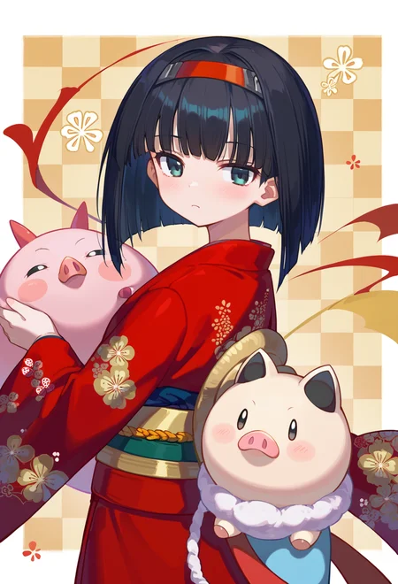 score_9, score_8_up, score_7_up, source anime,yuzuhara yuzumi, 1girl, japanese clothes, black hair, kimono, red hairband, short hair, pig, red kimono, black eyes, looking at viewer, sash, year of the pig, new year, obi, chinese zodiac, solo, ((pokemon)), looking back, bob cut, (creature), checkered background, blush, upper body, closed mouth<lora:yuzuhara_yuzumi-xl-pony-v2:1>,