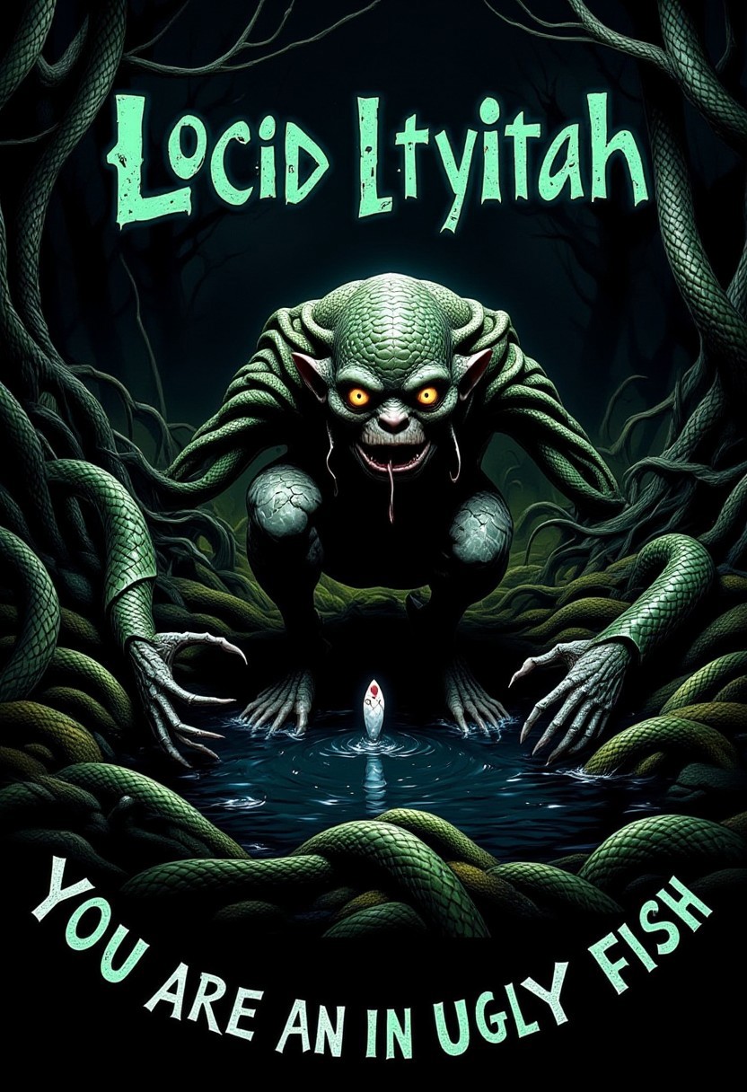 sn4k3, aidmamj6.1, anime, cyberpunk, Depict Smeagol (Gollum) from *The Lord of the Rings* crouched at the edge of a dark, murky pond, his bony hands reaching out to catch a slithering snake. His wide, glowing eyes are fixated on the snake with a mix of hunger and desperation, his gaunt face twisted in concentration. The snake is sleek and sinuous, its scales glistening with water as it tries to escape. At the botton of the image there is a text saying: "You are an ugly fish" .The pond is surrounded by twisted roots, moss-covered rocks, and a faint mist rising from the water. The background is a shadowy, swampy landscape, with dim light filtering through gnarled trees. The atmosphere is tense and unsettling, capturing Smeagol's primal nature and the eerie beauty of the scene.