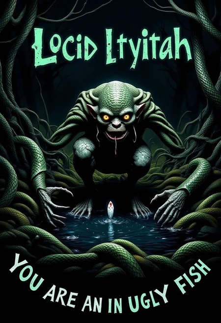 sn4k3, aidmamj6.1, anime, cyberpunk, Depict Smeagol (Gollum) from *The Lord of the Rings* crouched at the edge of a dark, murky pond, his bony hands reaching out to catch a slithering snake. His wide, glowing eyes are fixated on the snake with a mix of hunger and desperation, his gaunt face twisted in concentration. The snake is sleek and sinuous, its scales glistening with water as it tries to escape. At the botton of the image there is a text saying: "You are an ugly fish" .The pond is surrounded by twisted roots, moss-covered rocks, and a faint mist rising from the water. The background is a shadowy, swampy landscape, with dim light filtering through gnarled trees. The atmosphere is tense and unsettling, capturing Smeagol's primal nature and the eerie beauty of the scene.