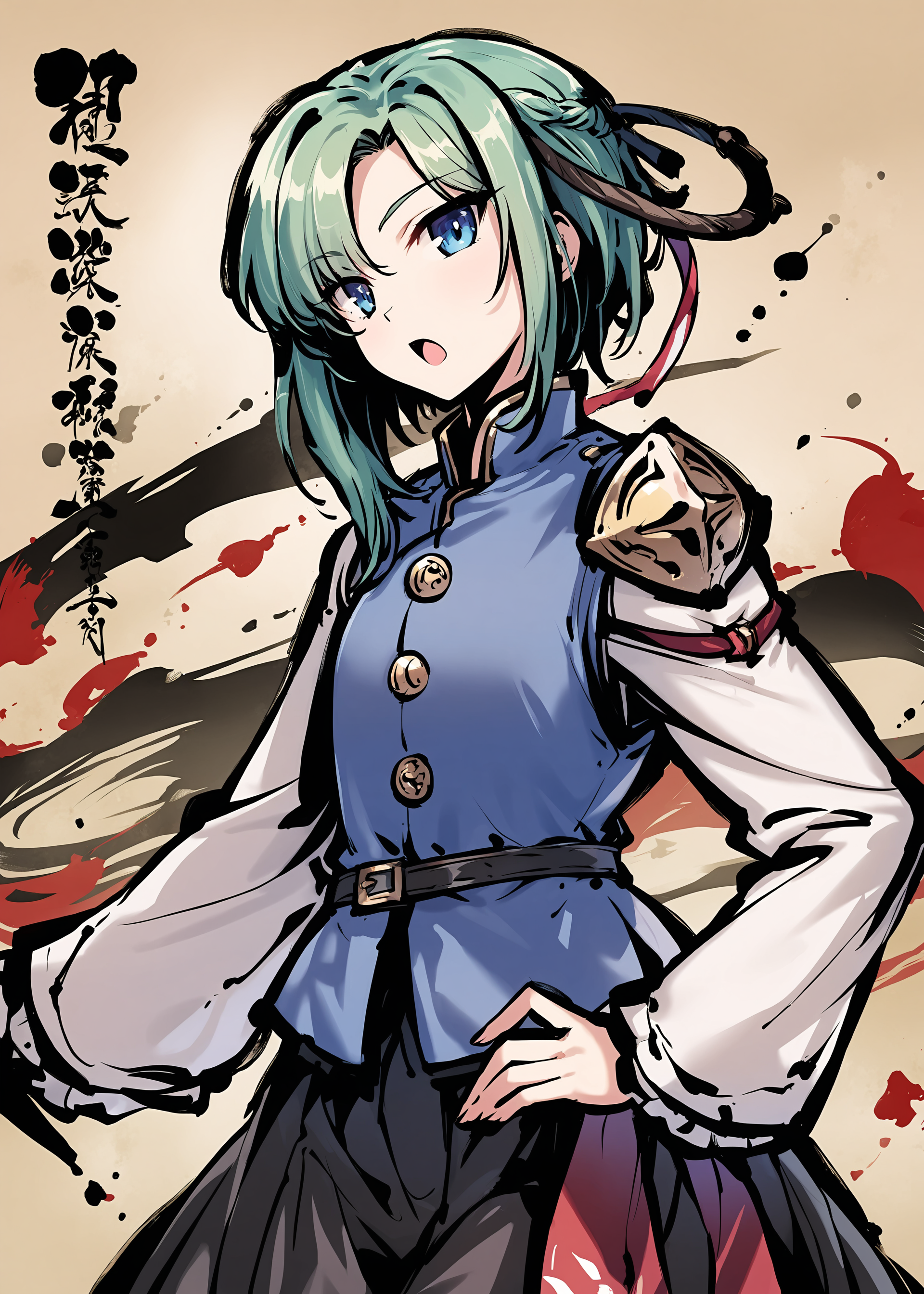 1girl,tokiame,ink painting
shiki eiki,
rod of remorse,blue eyes,green hair,blue vest,long sleeves,black skirt,short hair,looking at viewer,open mouth,asymmetrical hair,hand on hip,
masterpiece, newest, absurdres, safe
<lora:a31_style_tokiame_v2:1>  ,
