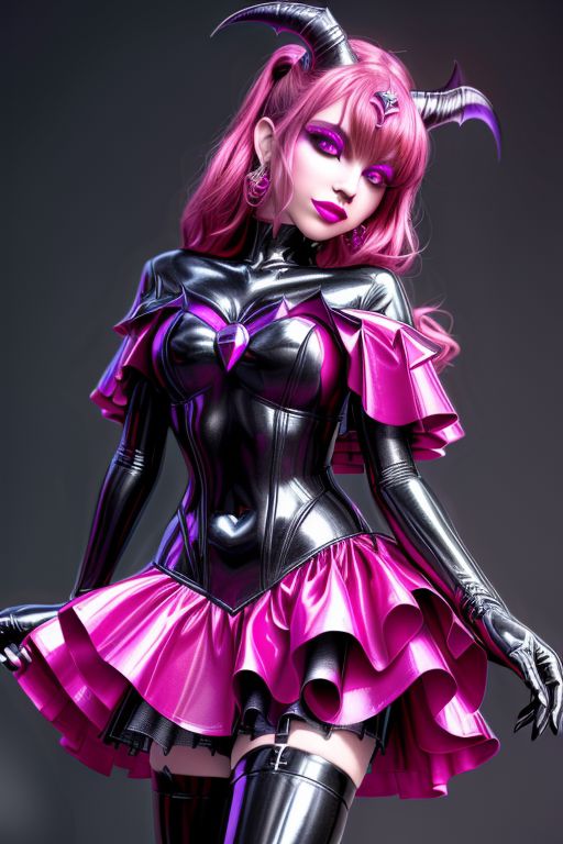 SuccubusT, EvlSM, MEvil, Bad_End_Precure, DarkPrecure, adult, evil corrupted princess wearing dark pastel (ruffled:1) (gleaming latex:1)  gown with (long latex cape:1) and latex elbow gauntlets, soft lighting, ruffles,
(red eyes, colored skin, glowing eyes, evil smile),
(makeup, lipstick, mascara, eyeshadow),
(demon horns, demon wings),
<lora:more_details:1>,