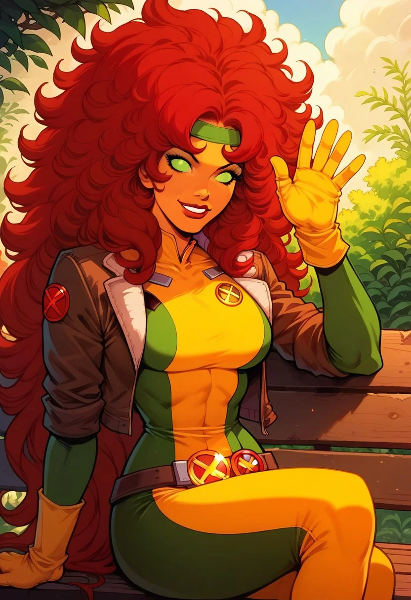score_9, score_8_up, score_7_up,score_9, score_8_up,<lora:r0gue:0.85>,1girl, StarfireDG, red hair, orange skin, green eyes, no pupils, rogueSDXL,1girl,solo,long hair,looking at viewer,red hair,gloves,green eyes,jacket,white hair,open clothes,open jacket,lips,bodysuit,makeup,headband,lipstick,skin tight,multicolored clothes,buckle,belt buckle,leather,superhero,bomber jacket,dyed bangs,multicolored bodysuit,green bodysuit,yellow bodysuit, sitting on bench, smile, waving hand, smile, kind, looking at viewer, dynamic view, in the garden, sfw