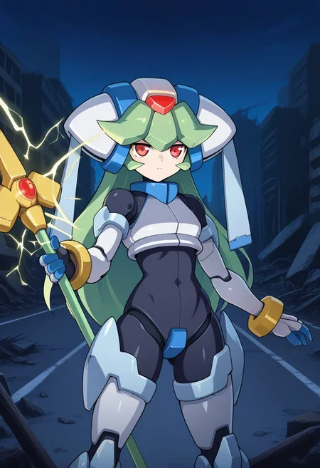 1girl, solo, pandorazxa, transformedform, android, green hair, long hair, red eyes, helmet, crop top, bodysuit, armor, armored gloves, armored boots, bracelet, anklet, holding staff, outdoors, highway, wreckage, ruins, night, serious, cowboy shot, dynamic pose, electricity